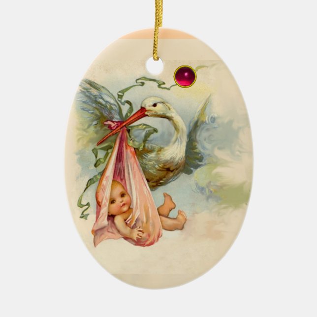 STORK BABY GIRL SHOWER MONOGRAM RED RUBY CERAMIC TREE DECORATION (Front)
