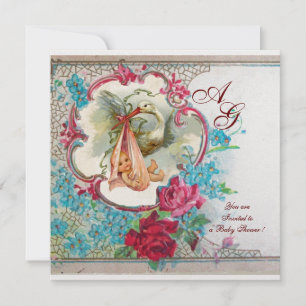 STORK BABY GIRL SHOWER PINK BLUE FLORAL MONOGRAM INVITATION