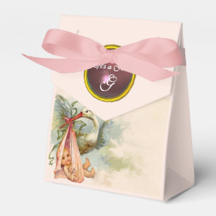STORK BABY GIRL SHOWER PINK GEM STONE MONOGRAM FAVOUR BOX