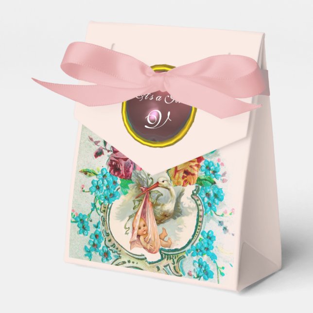 STORK BABY GIRL SHOWER PINK GEM STONE MONOGRAM FAVOUR BOX (Front Side)