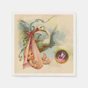 STORK BABY GIRL SHOWER PINK GEM STONE MONOGRAM NAPKIN