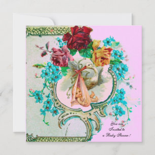 STORK BABY GIRL SHOWER,PINK ROSES AND BLUE FLOWERS INVITATION