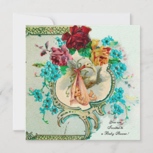 STORK BABY GIRL SHOWER,PINK ROSES AND BLUE FLOWERS INVITATION
