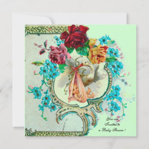 STORK BABY GIRL SHOWER,PINK ROSES AND BLUE FLOWERS INVITATION