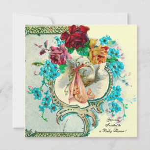 STORK BABY GIRL SHOWER,PINK ROSES AND BLUE FLOWERS INVITATION