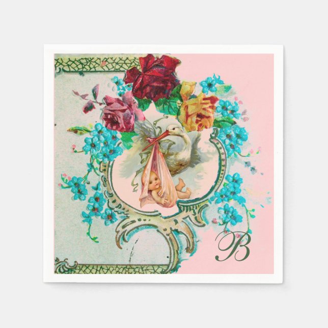 STORK BABY GIRL SHOWER,PINK ROSES,FLOWERS MONOGRAM NAPKIN (Front)