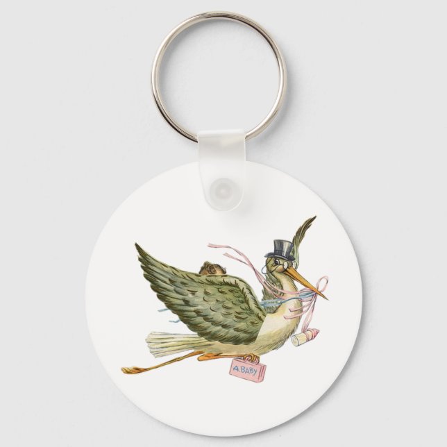 STORK BABY GIRL SHOWER Pink White Key Ring (Front)