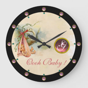 STORK BABY GIRL SHOWER PINKGEM STONE MONOGRAM LARGE CLOCK