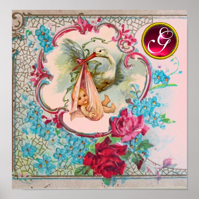 STORK BABY GIRL SHOWER Ruby Gem Stone Monogram Poster (Front)
