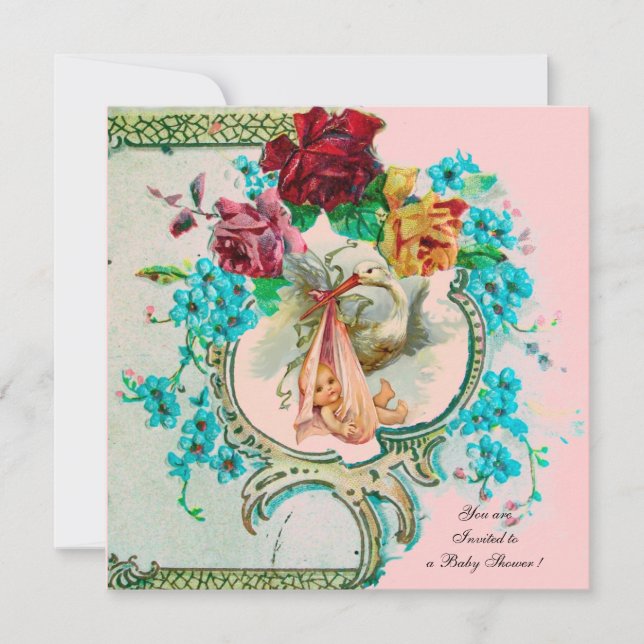 STORK BABY GIRL SHOWER WITH PINK ROSES AND FLOWERS ANNOUNCEMENT (Front)