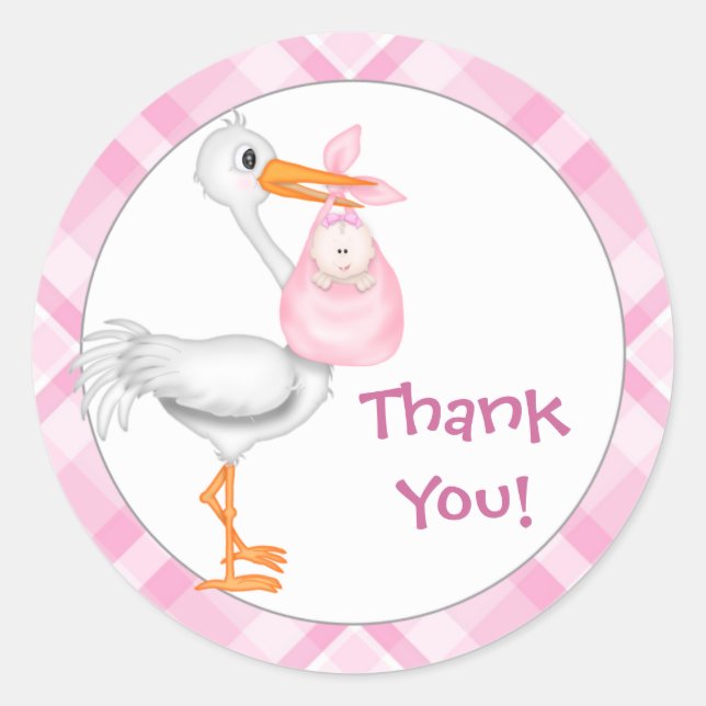 Stork & Baby Girl Thank You Classic Round Sticker (Front)