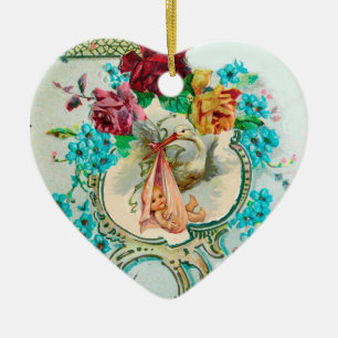 STORK BABY SHOWER 2 MONOGRAM  Red Ruby Ceramic Tree Decoration