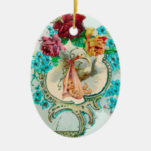 STORK BABY SHOWER 2 MONOGRAM  Red Ruby Ceramic Tree Decoration