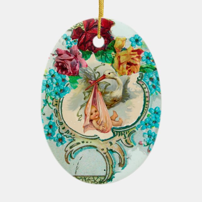 STORK BABY SHOWER 2 MONOGRAM  Red Ruby Ceramic Tree Decoration (Front)