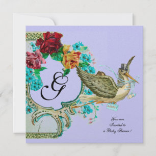 STORK BABY SHOWER 3 MONOGRAM white champagne Invitation