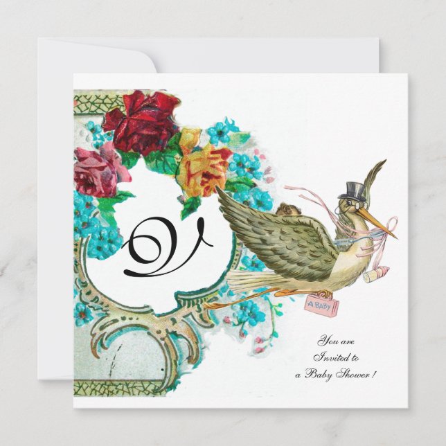 STORK BABY SHOWER 3 MONOGRAM,white Invitation (Front)