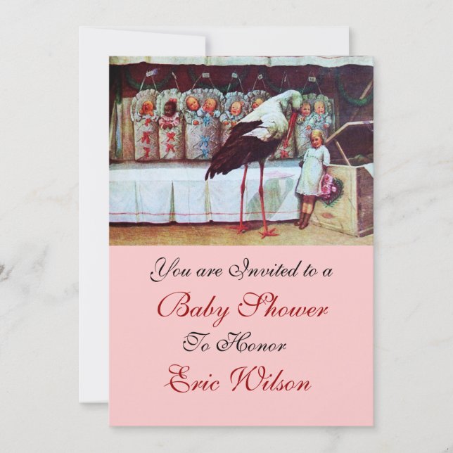 STORK BABY SHOWER 3, pink gold metallic Invitation (Front)