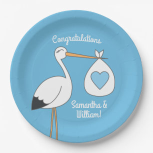 Stork Baby Shower Blue Boy Paper Plate