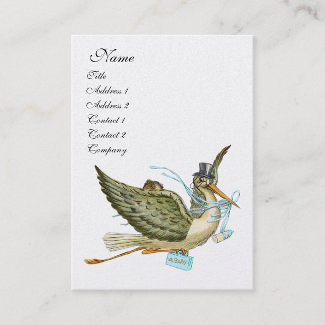 STORK BABY SHOWER, Blue White Pearl Paper Business Card (Front)