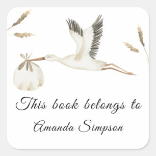 Stork - Baby Shower bookplate, books for baby Square Sticker