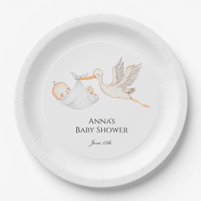 Stork Baby Shower Gender Neutral Paper Plate (Front)