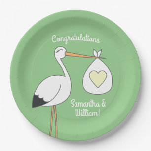 Stork Baby Shower Green Gender Neutral Paper Plate