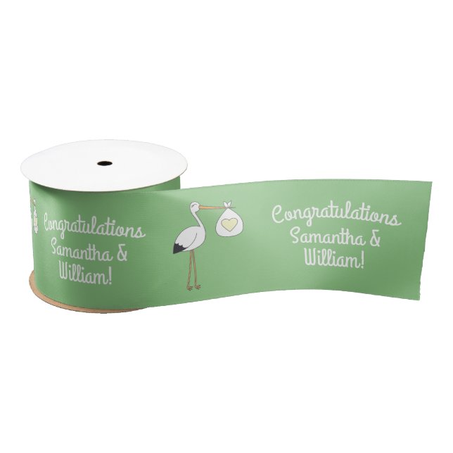 Stork Baby Shower Green Gender Neutral Satin Ribbon (Spool)