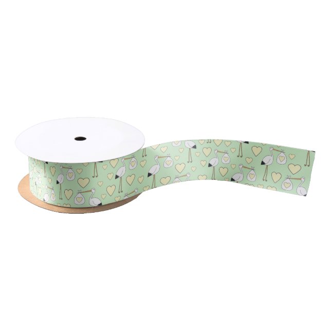 Stork Baby Shower Green Gender Neutral Satin Ribbon (Spool)