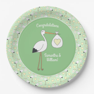 Stork Baby Shower Green Spring Paper Plate