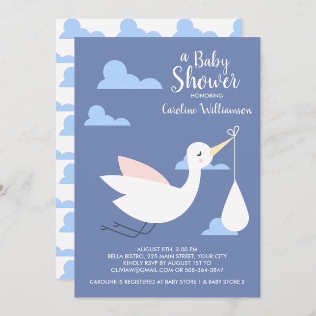 Stork Baby Shower Invitation Baby Bundle & Clouds (Front/Back)