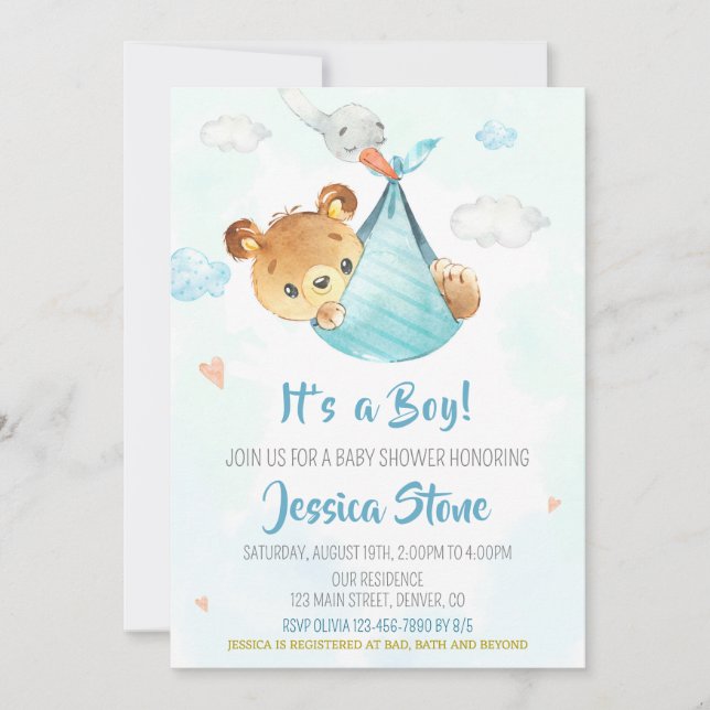 Stork baby shower invitation Boy baby bear (Front)