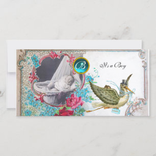 STORK BABY SHOWER MONOGRAM ,aquamarine,white Announcement