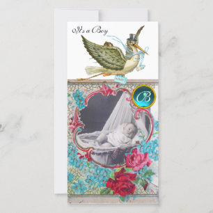 STORK BABY SHOWER MONOGRAM ,aquamarine white Announcement