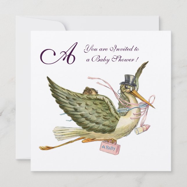 STORK BABY SHOWER MONOGRAM ,gold metallic Invitation (Front)