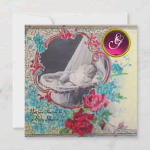 STORK BABY SHOWER MONOGRAM PHOTO TEMPLATE,gold Invitation