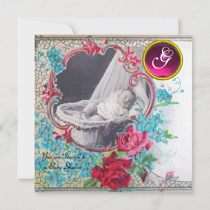 STORK BABY SHOWER MONOGRAM PHOTO TEMPLATE,white Invitation