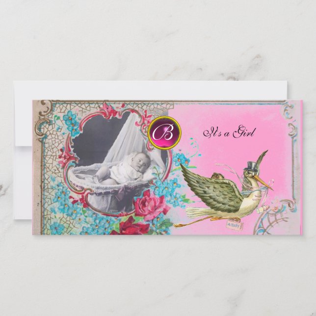 STORK BABY SHOWER MONOGRAM ,ruby Announcement (Front)