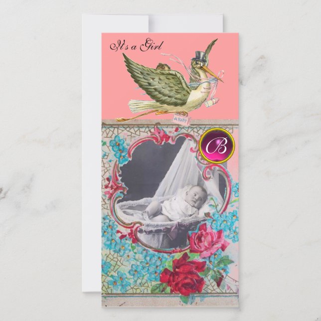 STORK BABY SHOWER MONOGRAM ,ruby Announcement (Front)