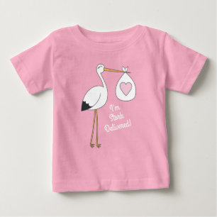 Stork Baby Shower Pink Girl Cute Cartoon T-Shirt