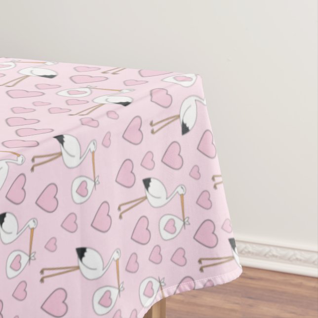 Stork Baby Shower Pink Girl Cute Cartoon Tablecloth (In Situ)