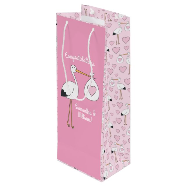 Stork Baby Shower Pink Girl Cute Cartoon Wine Gift Bag (Back Angled)