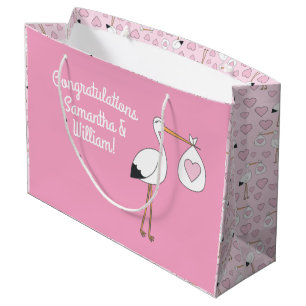 Stork Baby Shower Pink Girl Large Gift Bag