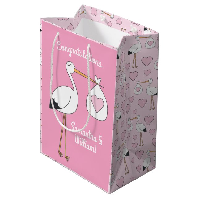 Stork Baby Shower Pink Girl Medium Gift Bag (Back Angled)