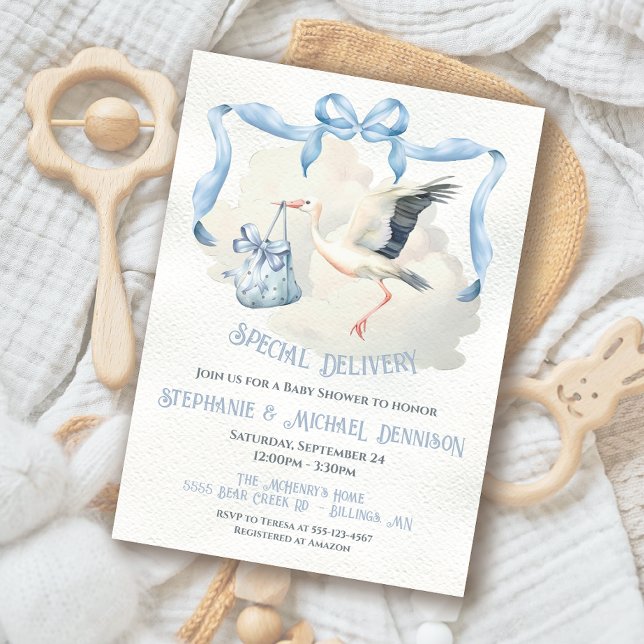 Stork Baby Shower Ribbon Bow Special Delivery Invitation (Creator Uploaded)