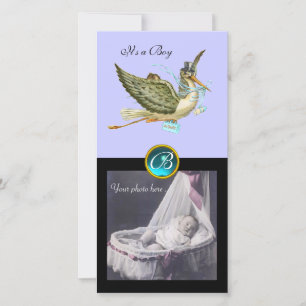 STORK BABY SHOWER SQUARE MONOGRAM ,aquamarine Announcement