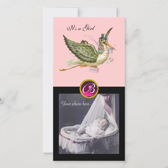 STORK BABY SHOWER SQUARE MONOGRAM ruby Announcement (Front)