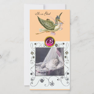 STORK BABY SHOWER SWIRLS MONOGRAM ,ruby white Announcement