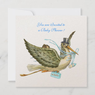 STORK BABY SHOWER ,white champagne metallic Invitation