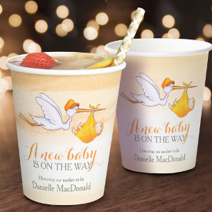 Stork baby yellow orange watercolor baby shower paper cups