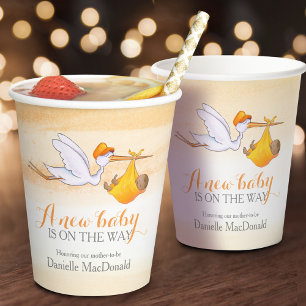 Stork baby yellow orange watercolor baby shower paper cups